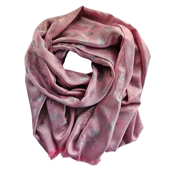 Pink Silk Silver Elephant Fringe Hem Scarf | SZ 72" - Picture 2 of 12